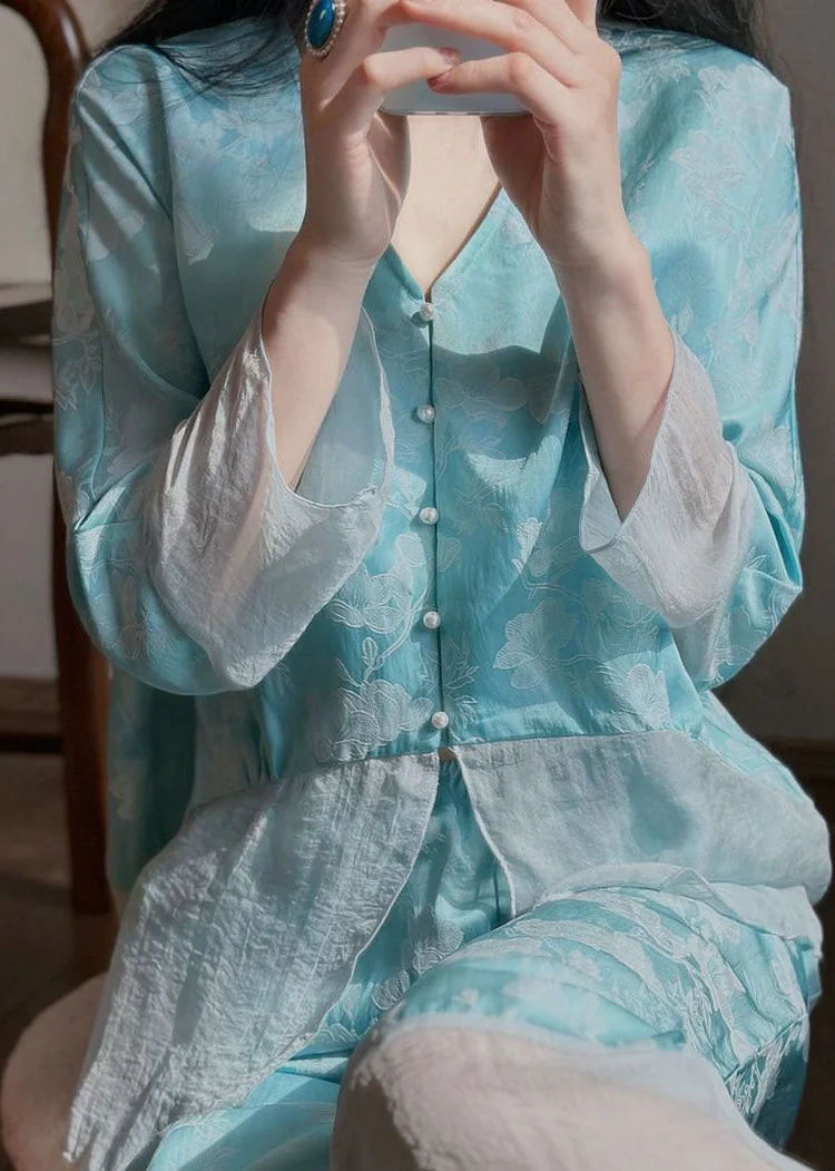 Blue Jacquard Patchwork Silk Two-Piece Set Pajamas V Neck Long Sleeve