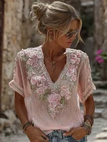 Women's Vintage Resort Embroidered Floral V-neck T-shirt