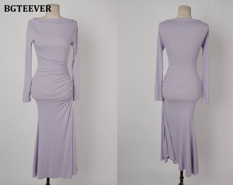BGTEEVER Elegant Slash Neck Ladies Mid-length Dress 2021 Spring Ruched Slim Waist A-line Dress for Women Casual Vestidos Femme