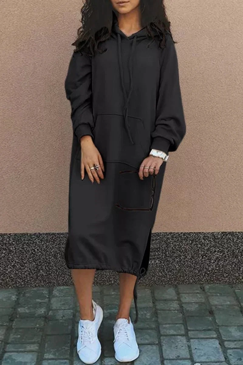 Casual Solid Patchwork Hooded Collar Long Sleeve Dresses