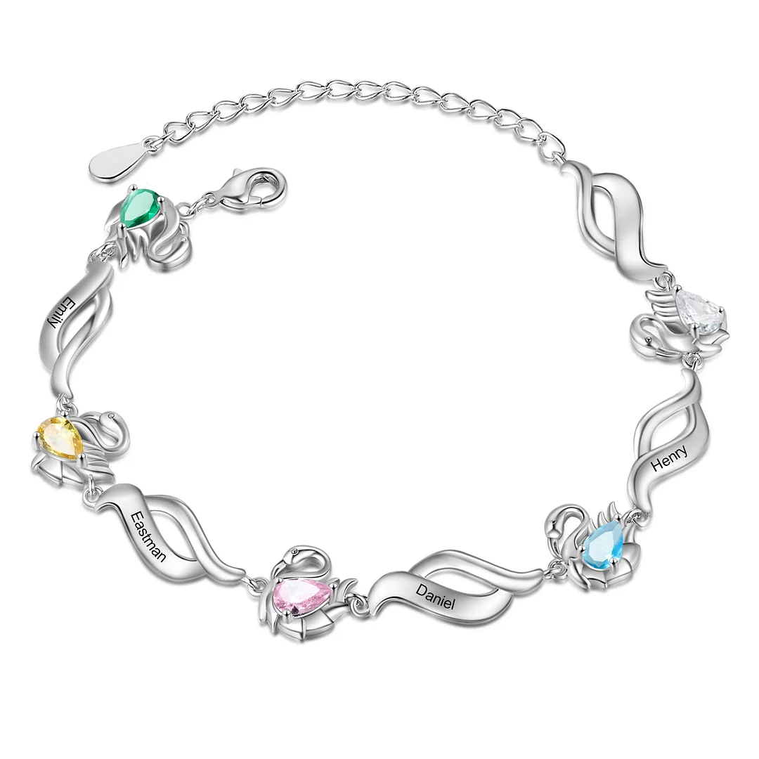 Personalized Flamingo Bracelet with 4 Birthstones Engraved Names for Women