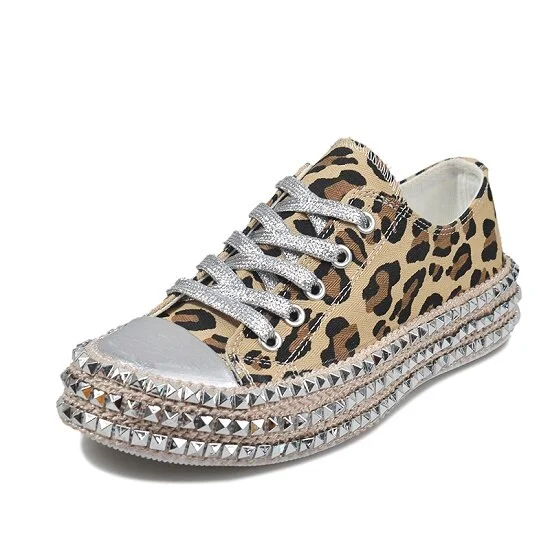 Women sneakers Sexy Leopard Print fashion Rivets Women Canvas  shoes leisure Lace-Up Low High Top Sneakers basket femme A5-54