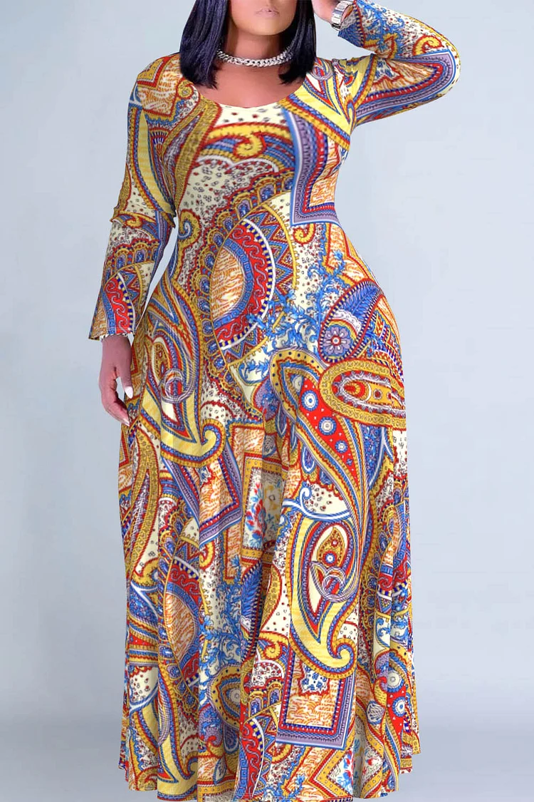 Plus Size Casual Multicolor Paisley Print Round Neck Long Sleeve Maxi Dresses Xpluswear