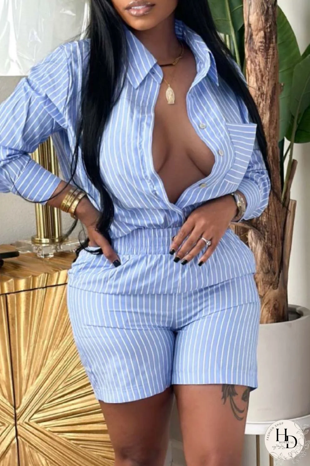 Blue Casual Striped Print Patchwork Shirt Collar Long Sleeve Two Pieces