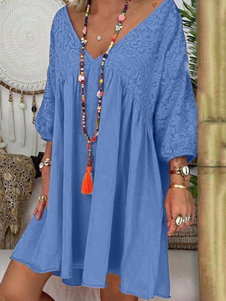 Women's 3/4 Sleeve V-neck Lace Stitching Midi Dress