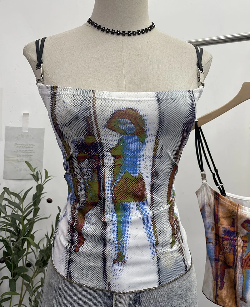 Uveng Sexy Hottie Shoulder Strap Small Print Slimming Sling Vest Short Sleeveless Top 8830