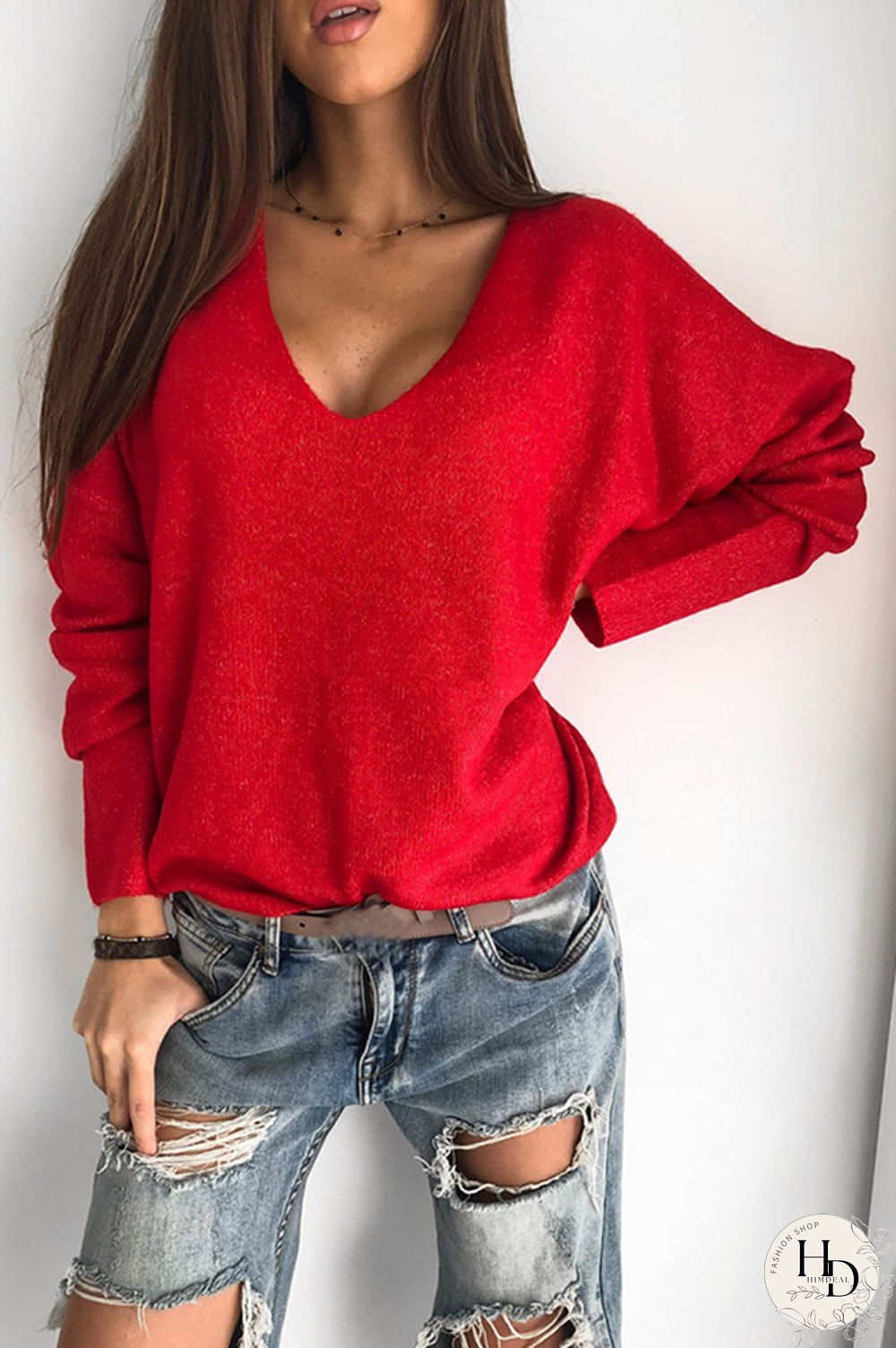 Casual Solid Basic V Neck Tops Sweater（4 colors）