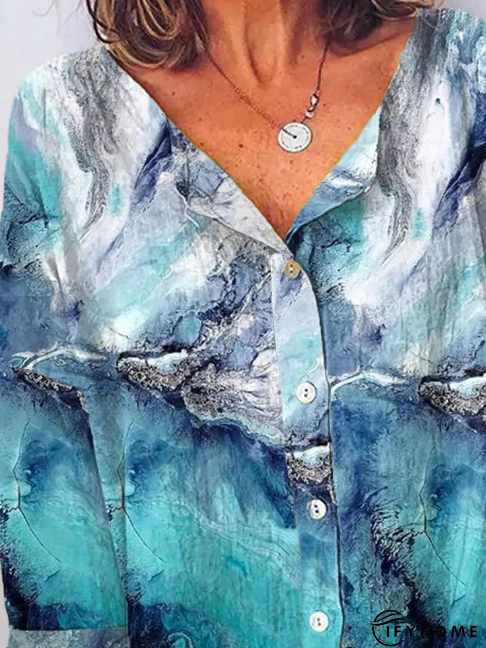 Printed Loose V Neck Cotton-Blend Blouse | IFYHOME