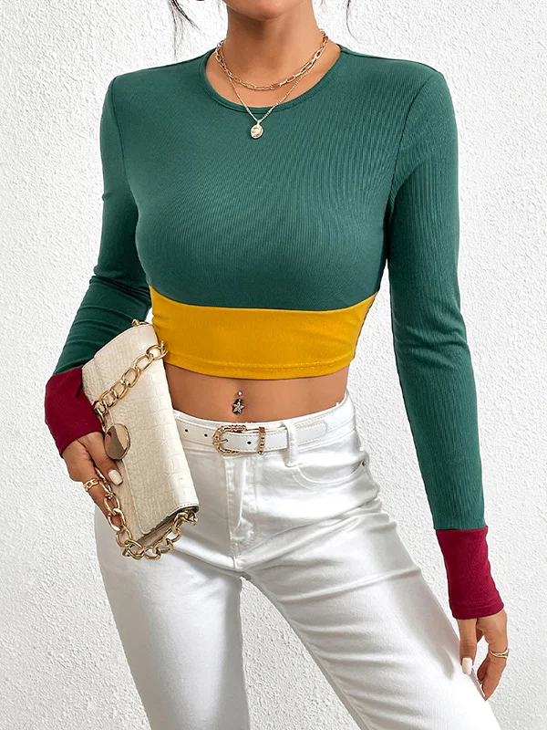 Contrast Color Skinny Long Sleeves Round-Neck T-Shirts Tops