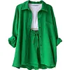 Women's Wrinkled Fabric Casual Long Sleeve Shirt High Waist Drawstring Shorts Two-piece Set