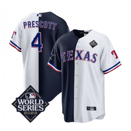 Men's Dallas Cowboys & Texas Rangers #4 Dak Prescott Navy/White Splite 2023 World Series Splite Stitched Baseball  Jersey