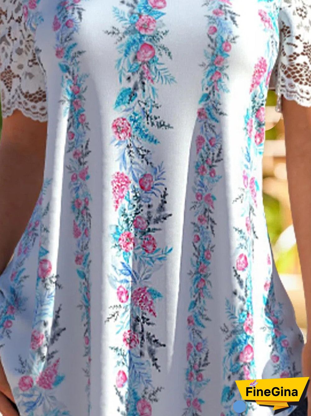 Women Short Sleeve U-neck Floral Printed Lace Tops