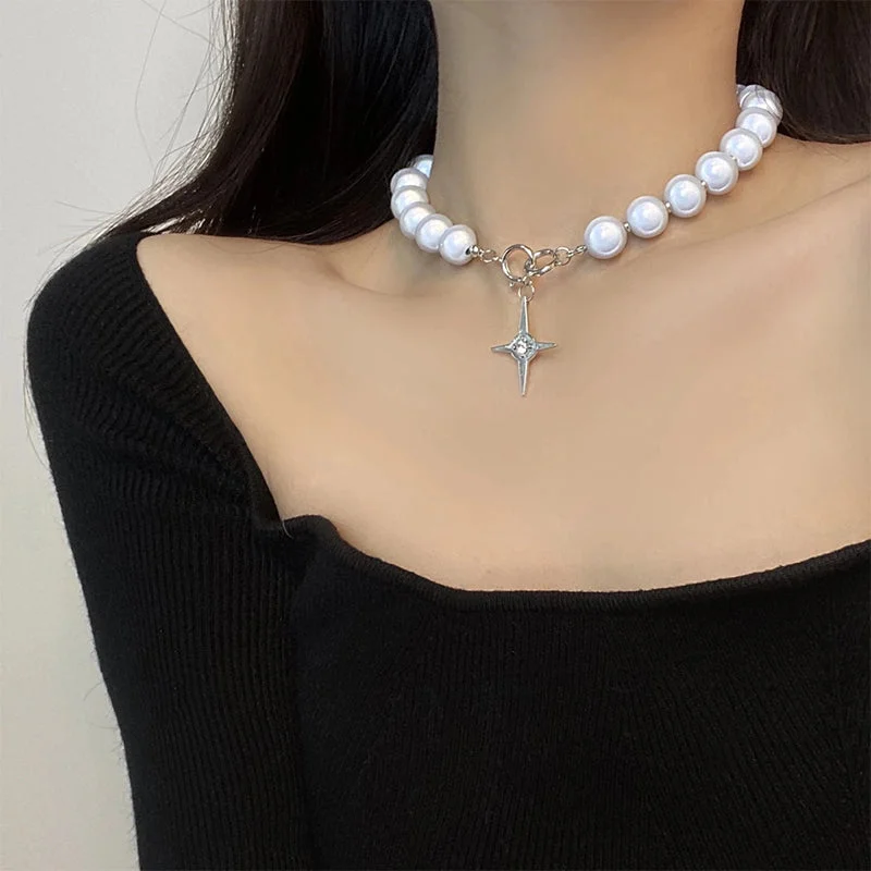 Luminous Glow In The Dark Pearl Beads with Cross Pendant Choker Necklaces
