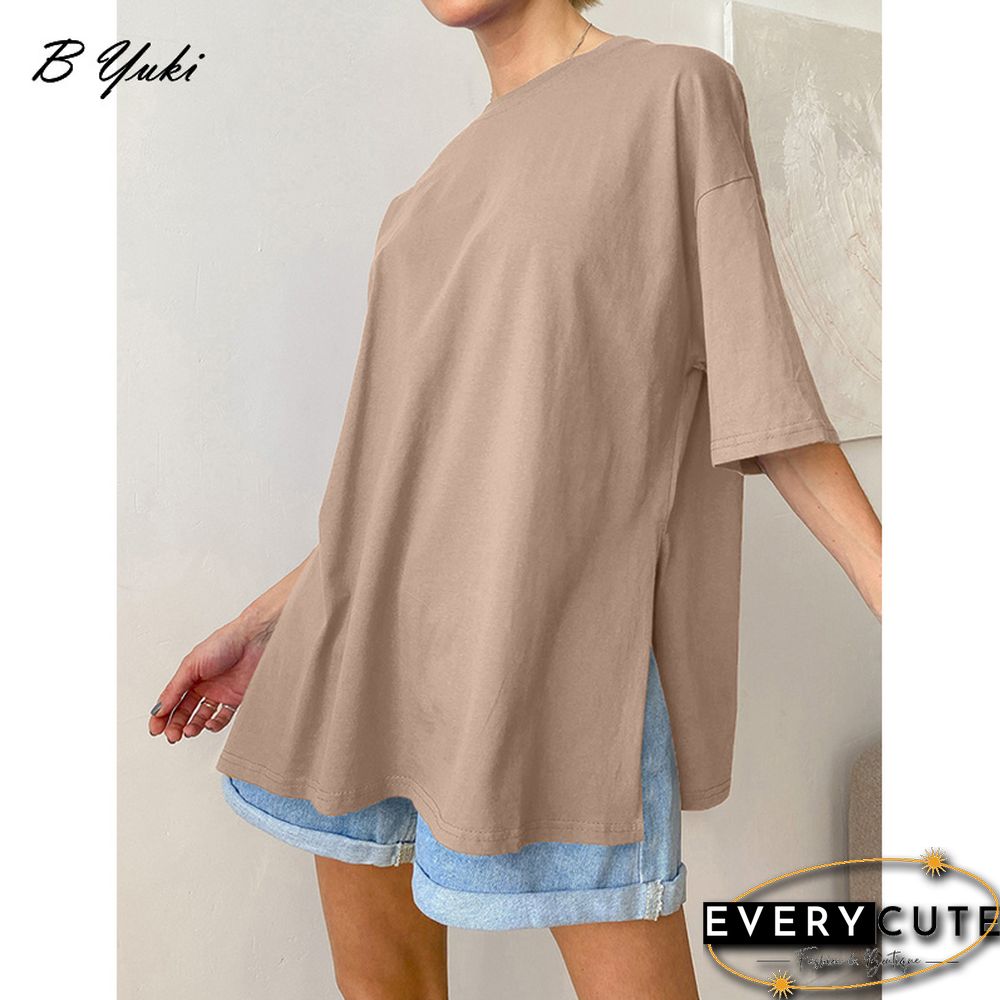 Blessyuki Summer Oversized T Shirt Women New 100% Cotton Soft Casual Chic Tees Female Casual Split Solid Basicharajuku Tops