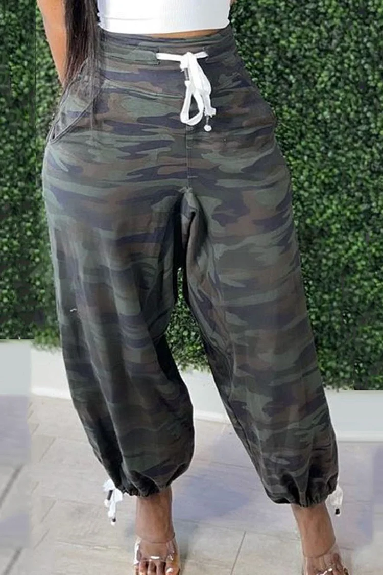 Plus Size Army Green Casual Camouflage Strapping Pants [Pre-Order]