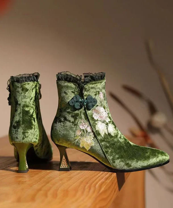 Original Ethnic Style Green Embroidered High Heeled Short Boots