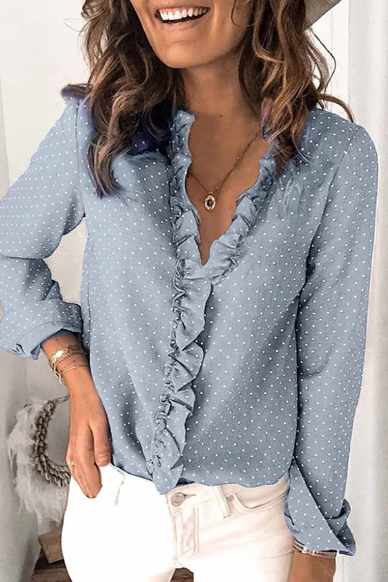 Fashion V-neck Button Ruffle Blouse