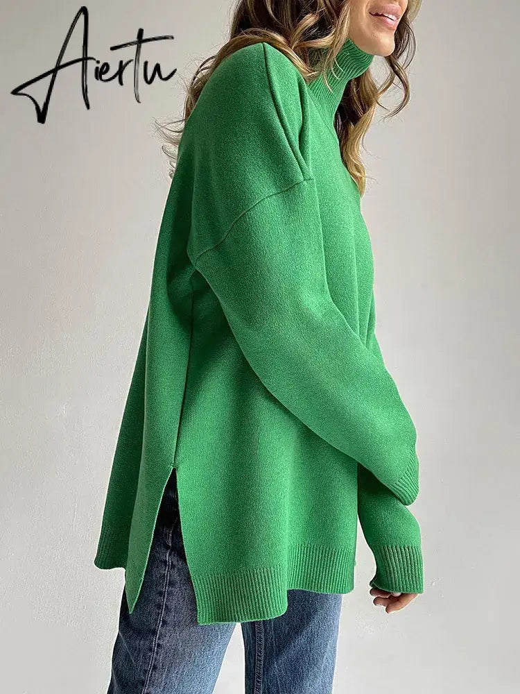 Autumn Winter Women's Sweaters Turtleneck Women Pulovers Side Split Knitted Jumpers Christmas Sweater Oversize Pull For Women Aiertu