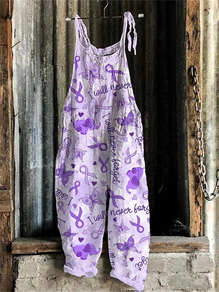 Purple Ribbon Elephant Print Linen Blend Jumpsuit