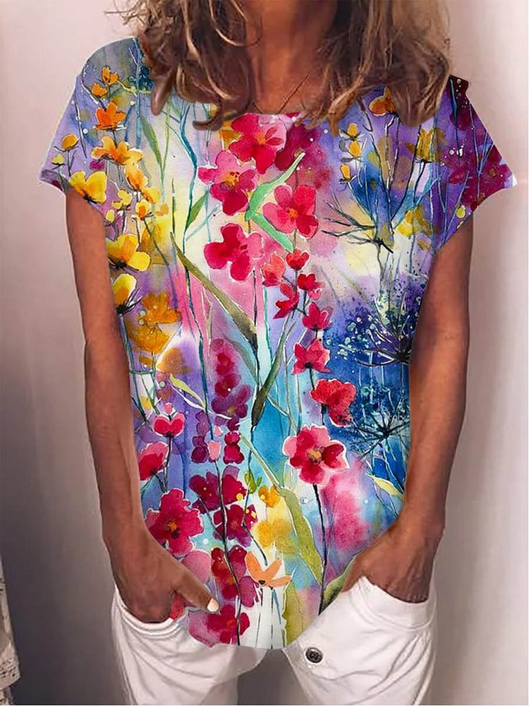 Bestdealfriday Colorful Flower Graphic Round Neck Short Sleeve Loose Tee