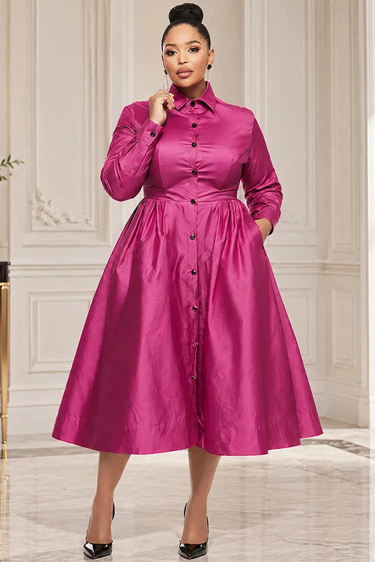 Xpluswear Design Plus Size Churchs Hot Pink Shirt Collar Long Sleeve Pocket Button Satin Midi Dresses [Pre-Order] 2024 - Xpluswear