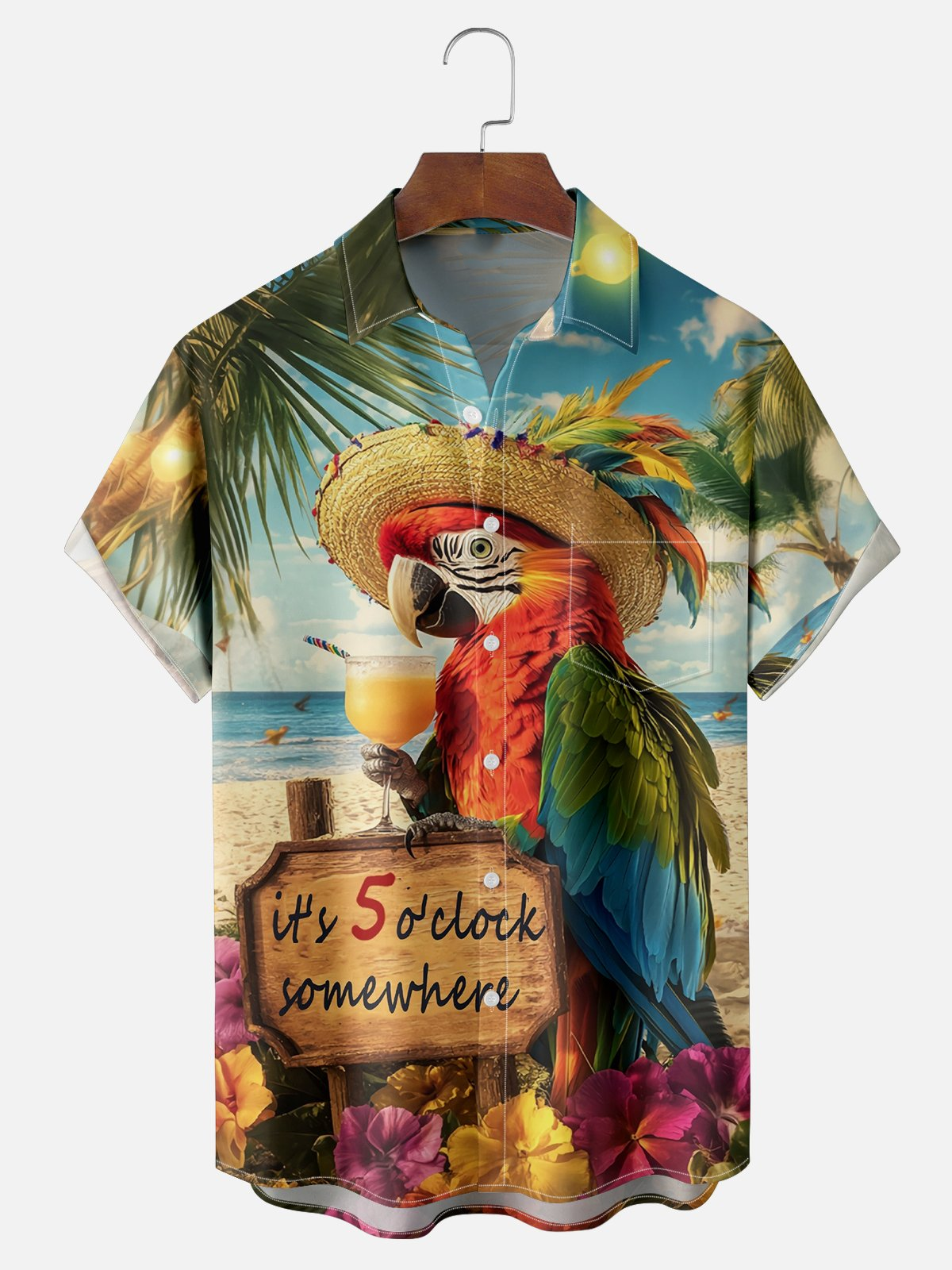 Moisture-wicking Parrot Cocktail "It's 5 o'clock" Chest Pocket Hawaiian Shirt PLUSCLOTHESMAN