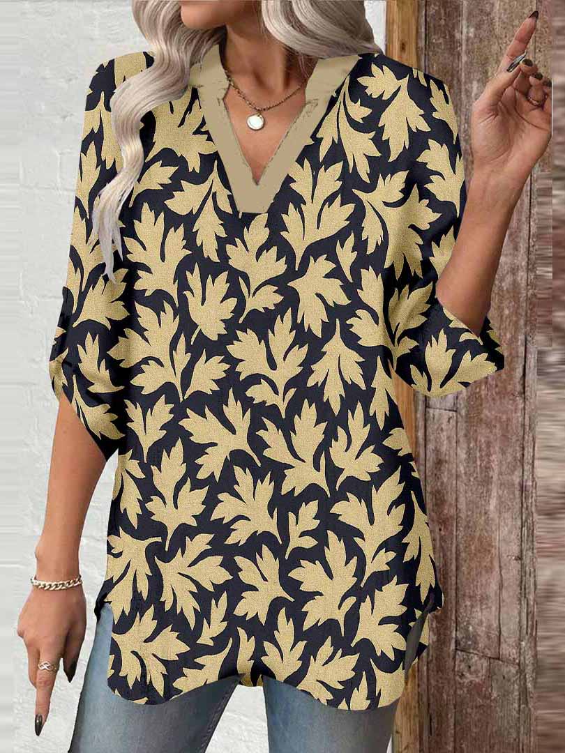 Women Floral, Khaki, Black DZGA0213 3/4 Sleeve V-neck Printed Graphic Button Tops