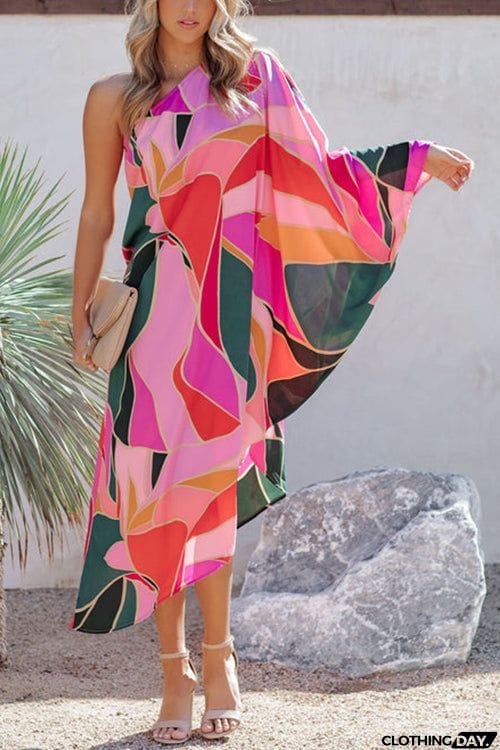 Multi Print Asymmetrical One Shoulder Dress
