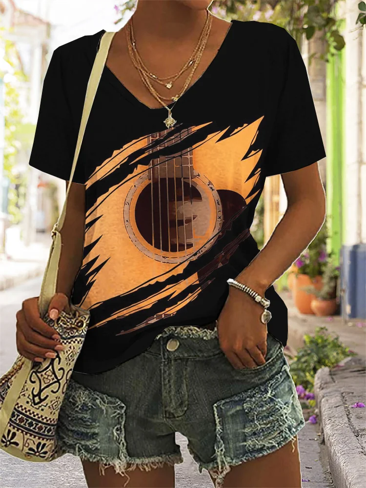 Guitar Inspired V Neck Short Sleeve T Shirt
