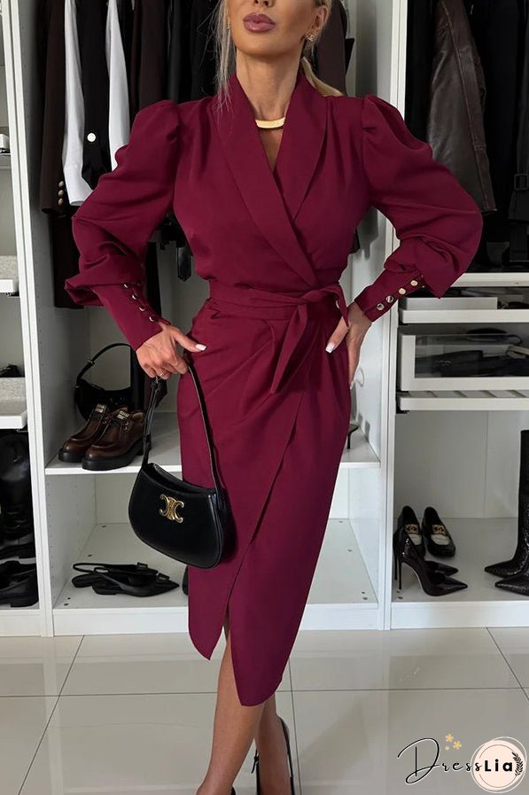 Vintage Elegance Metal Buckle Balloon Sleeve Lapel Wrap Formal Midi Dress