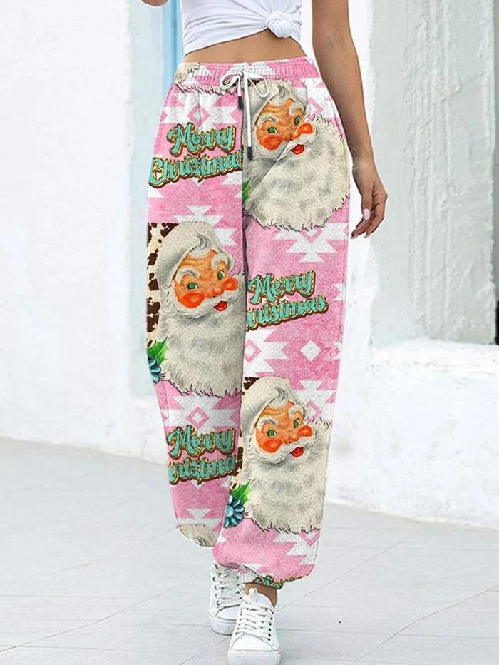 Women's Pink Merry Christmas Western Denim Santa Print Sweatpants