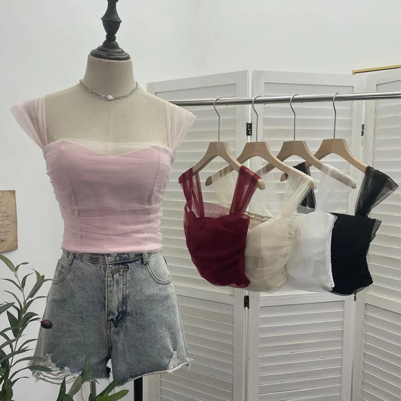 Breakj Real-Spat Thai-Style Small Design Mesh Yarn Draw-Folded Breast Sling Sling With Bra Cushion Short Sleeveless Top 8022