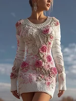 Vintage Boho Roses Fiber Art Cozy Knit Sweater Mini Dress