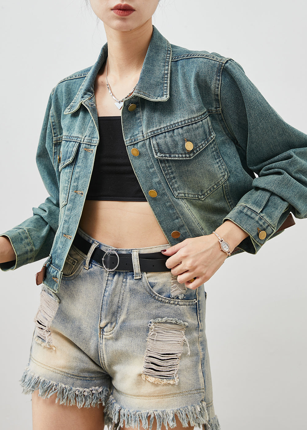 VCSHOES Denim Blue With Belt Short Coats Spring