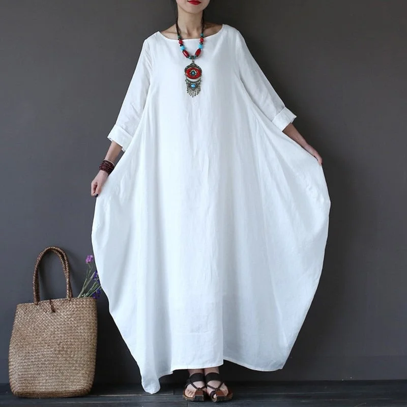 2022 Womens Crewneck 3/4 Sleeve Baggy Maxi Long Shirt Dress Casual Party Kaftan Solid Robe Vestido  Dresses Plus Size