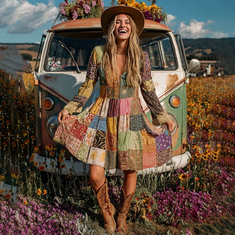 Countryside Style Collection Classy Patchwork Floral Pattern Art Linen Dress