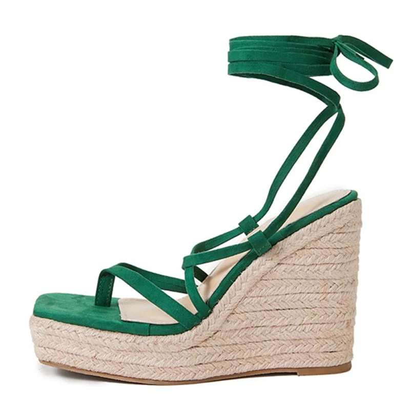 Fashion 12.5CM Wedges Heels Platform Sandals Women Summer Green Narrow Band Open Toe Ankle Lace-Up Party Dress Shoes Plataforma