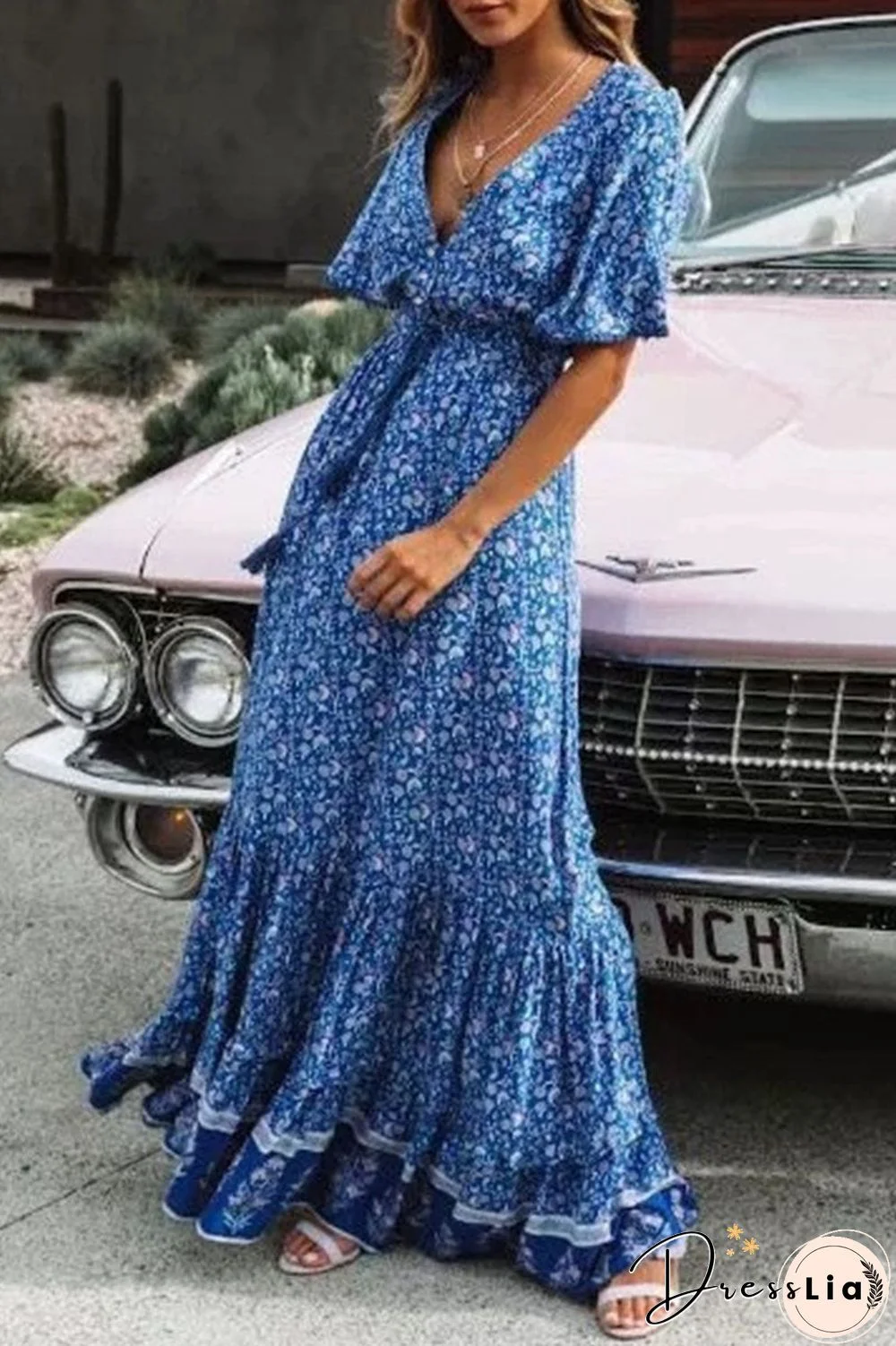 Fashion Elegant Print Split Joint V Neck Printed Dresses