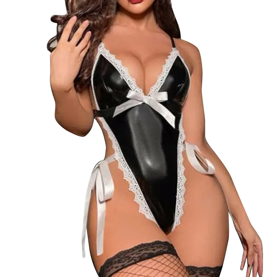 Churchf Churchf Style Sexy Underwear Sexy Female Lacquer Leather Lace Edge Jumpsuit Sex Suit
