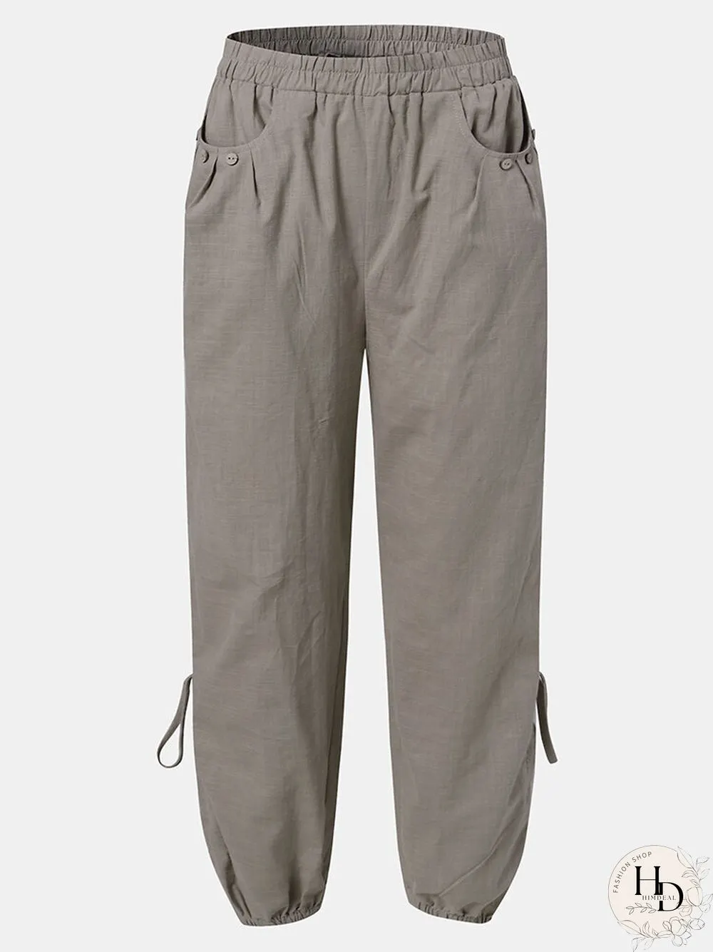 Solid Color Pocket Elastic Waist Drawstring Design Casual Cotton Women Pants