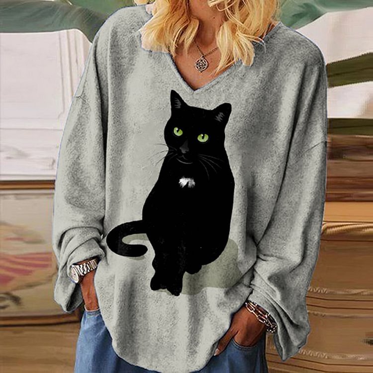 Comstylish Casual Cartoon Cat Print Long Sleeve V Neck Tunic