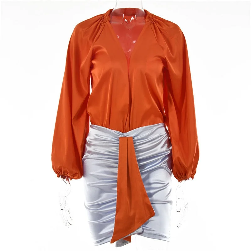 Articat Sexy Deep V-neck Satin Two Piece Set Women Long Sleeve Top Short Skirt Sets Matching Casual Partywear Winter Women Set