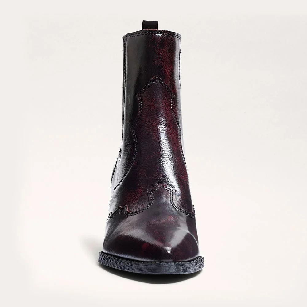 Women's Pointed Toe Chunky Heel Stitching Short Cowgirl Boots in Maroon
