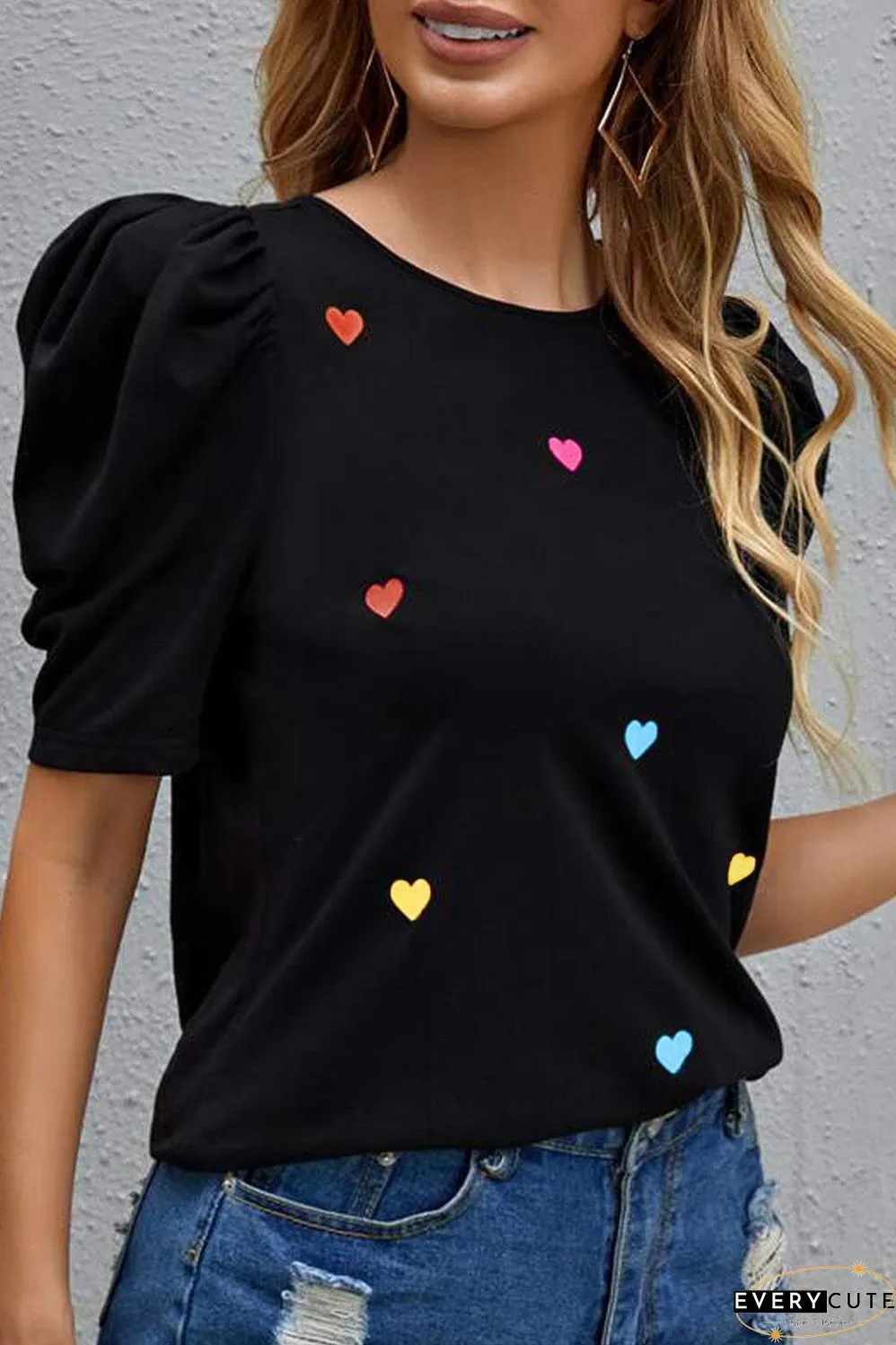 Pink Heart Print Puff Sleeve Blouse