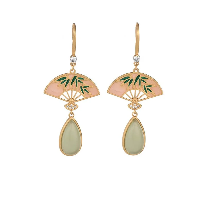 Green Aventurine Fan Pattern Luck Drop Earrings