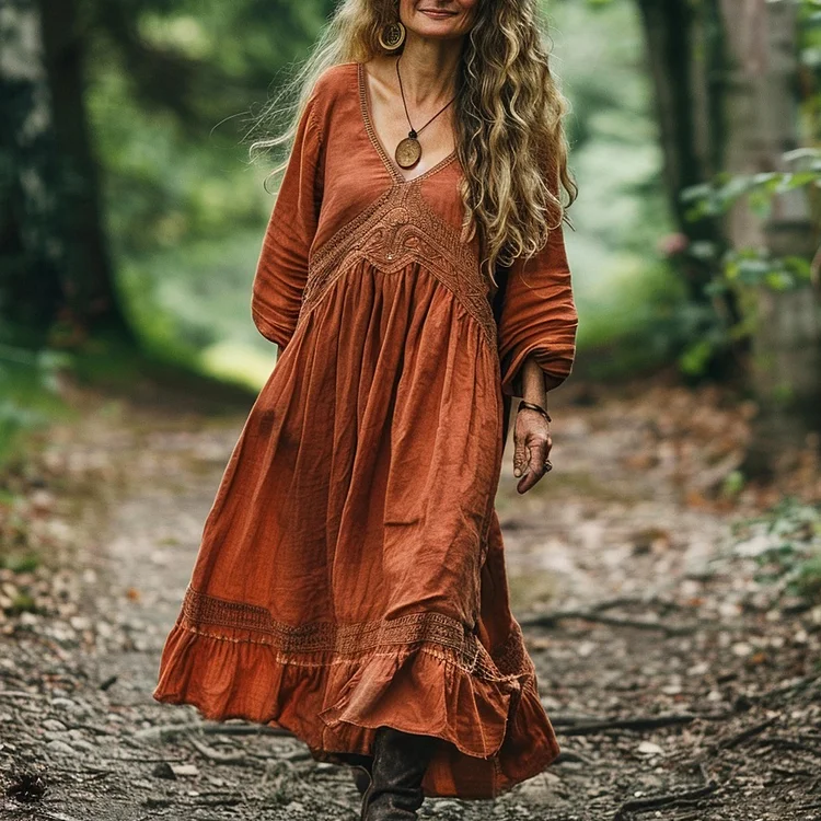 Women's Linen Bohemian Long Sleeves Maxi Dress