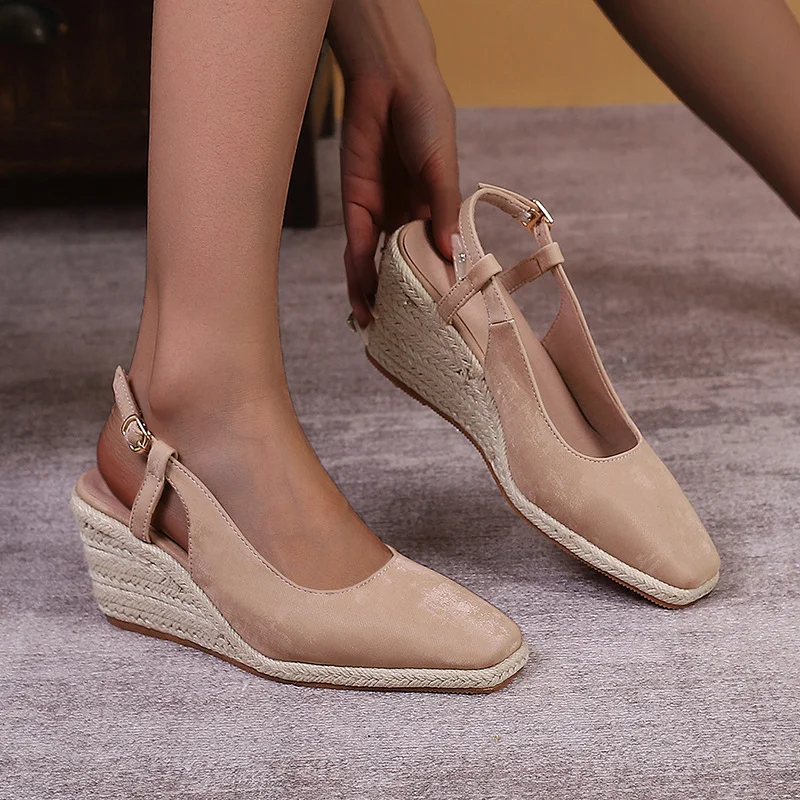 Wongn Wongn Square Head Thick Bottom High Heel Head Drag Straw Hemp Bottom One-Line Women's Single Shoes