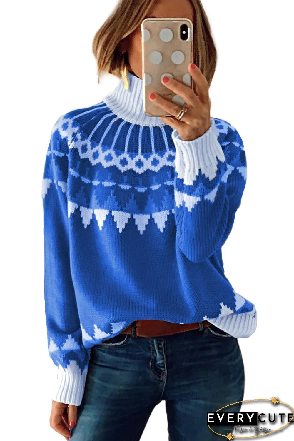 Blue High Neck Printed Knit Sweater