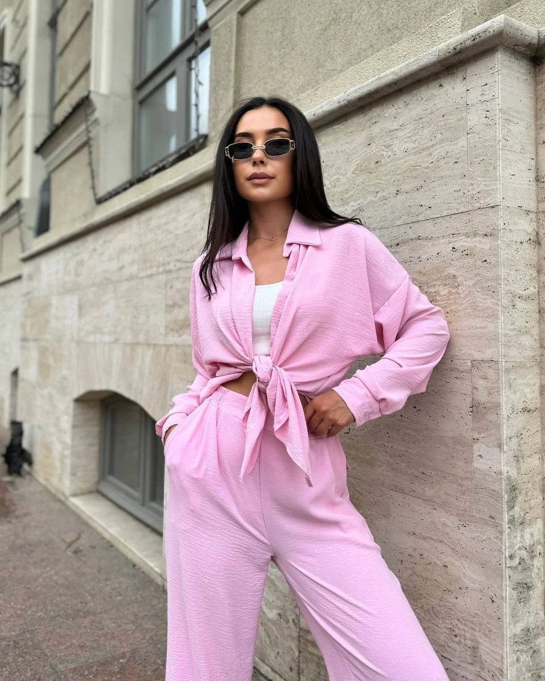 Churchf Churchf New Autumn Solid Color Lapel Long Sleeve Shirt Jacket Casual Pants Set