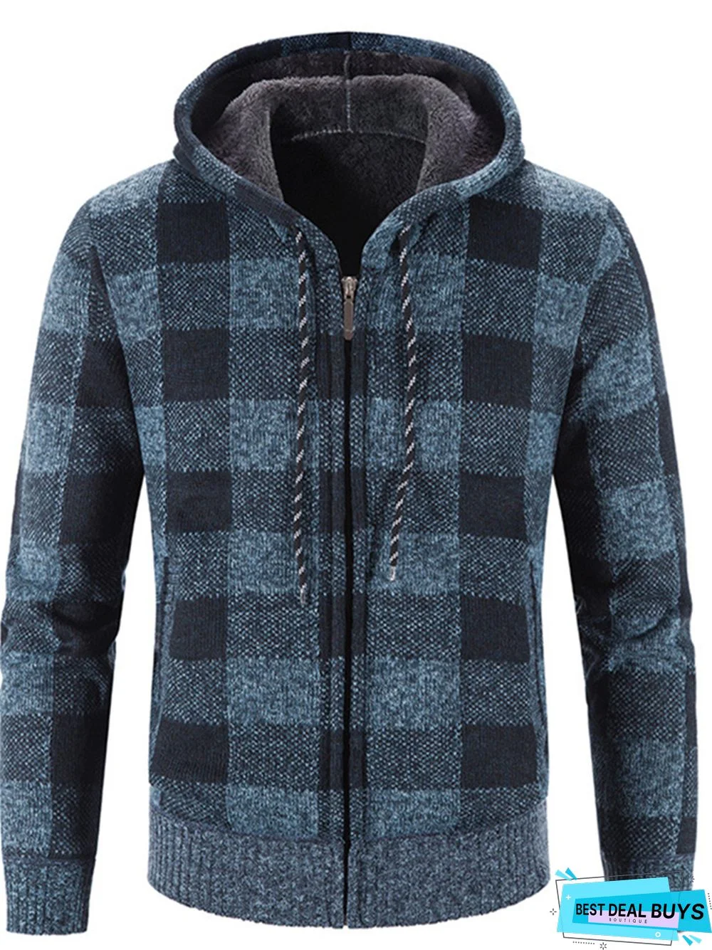 Men's Plaid Color Matching Hooded Loose Long Sleeve Sweater Coat